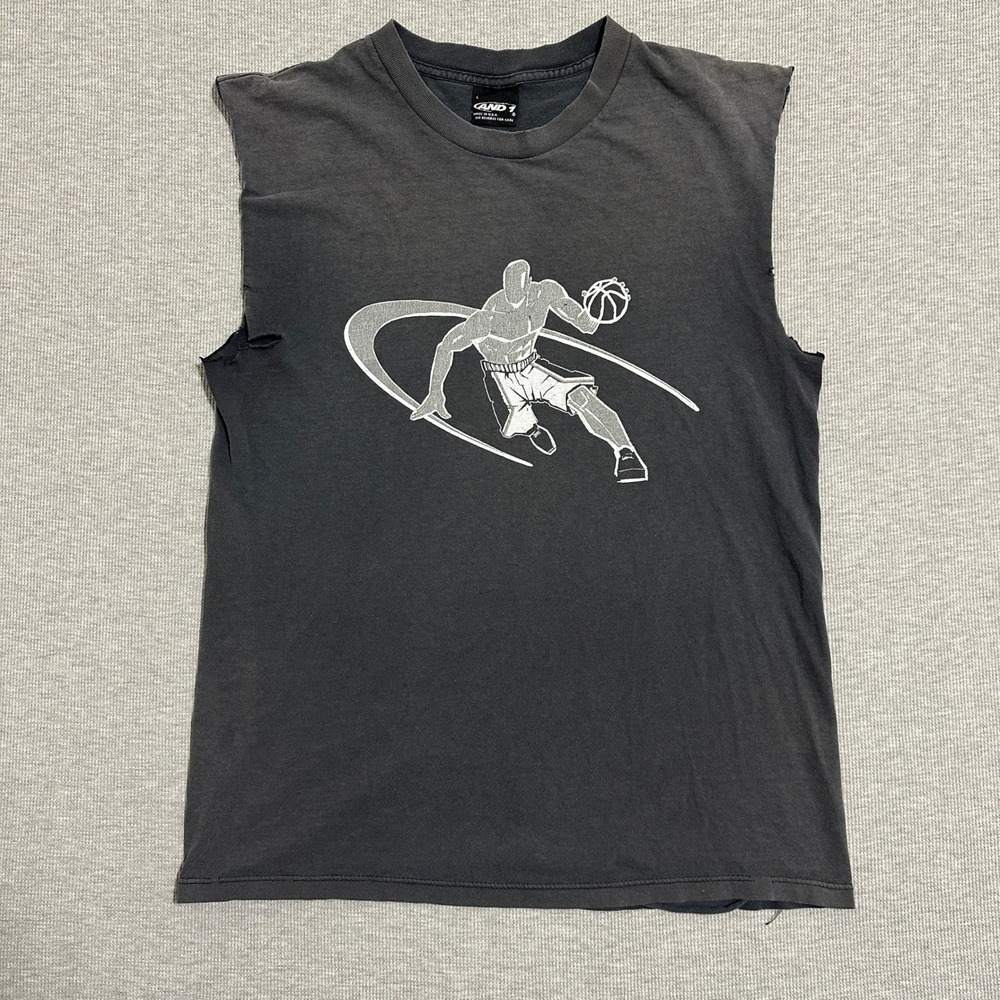 Vintage AND1 Basketball Faded Cut Off Muscle Tee Raw Hem Black Large